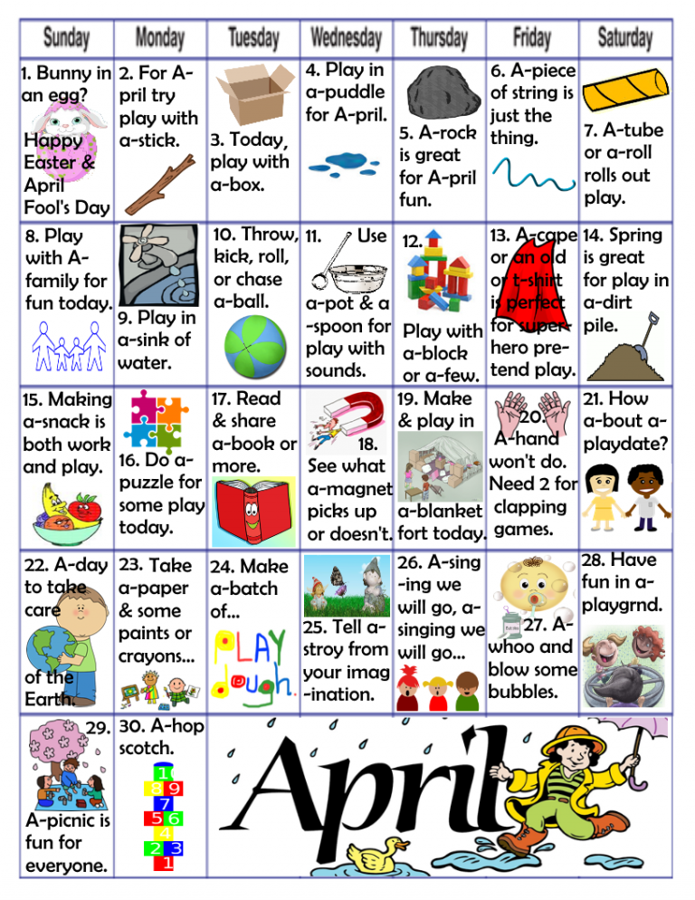 More April Daily Fun and Learning Activities for Kids...Let's PLAY!