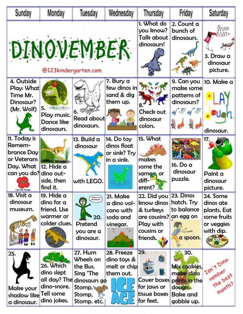 dinovember play activities, dinosaur preschool kindergarten activities